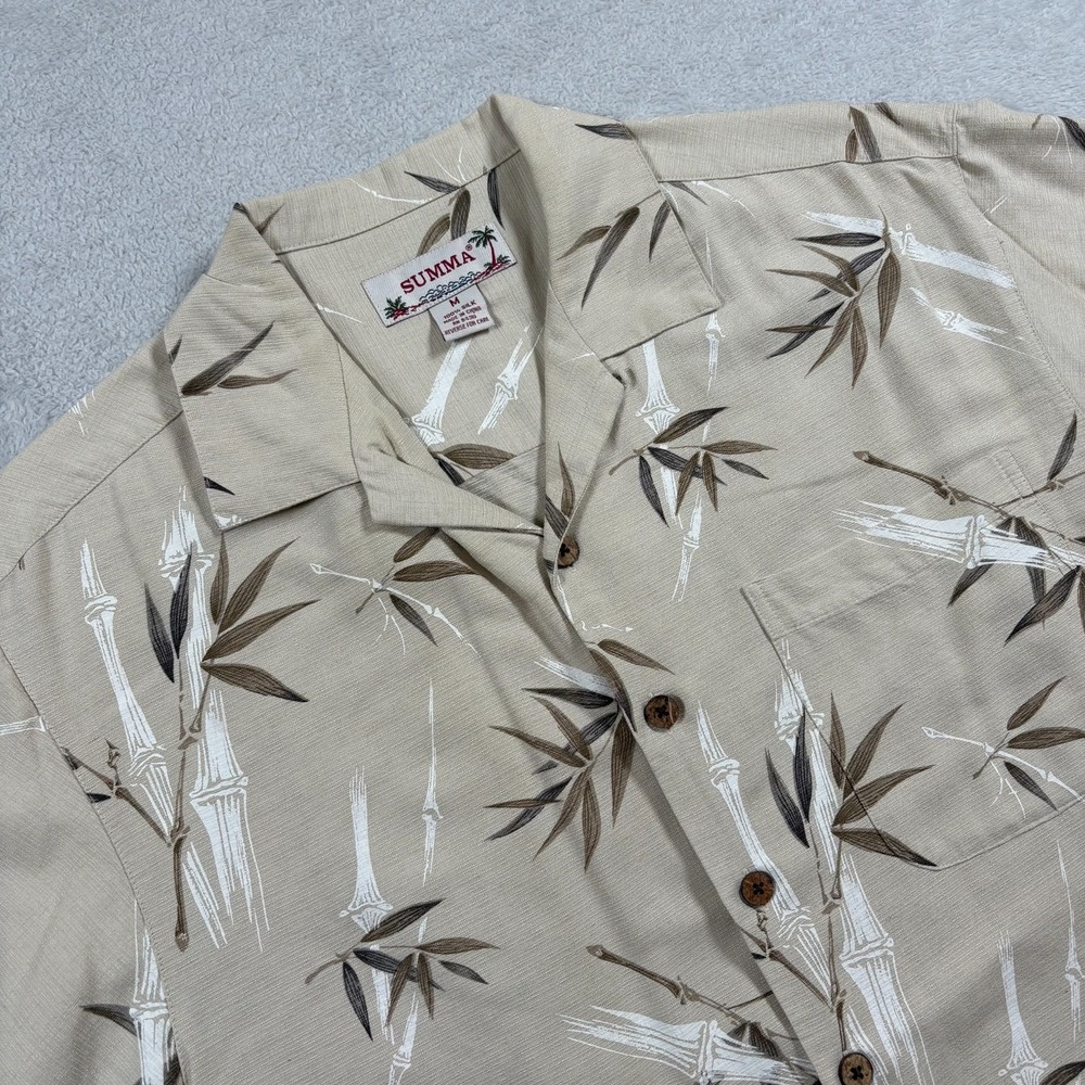 Summa‎ Camp Shirt Mens Medium Beige Silk Side Slits Tropical Beach Button Up